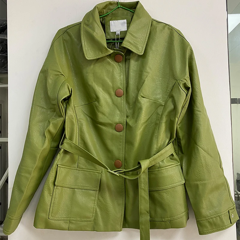 

Biker Overcoat Single Breasted Pocket Coat With Belt New Women Loose Pu Faux Soft Leather Green Jacket Turndown Collar