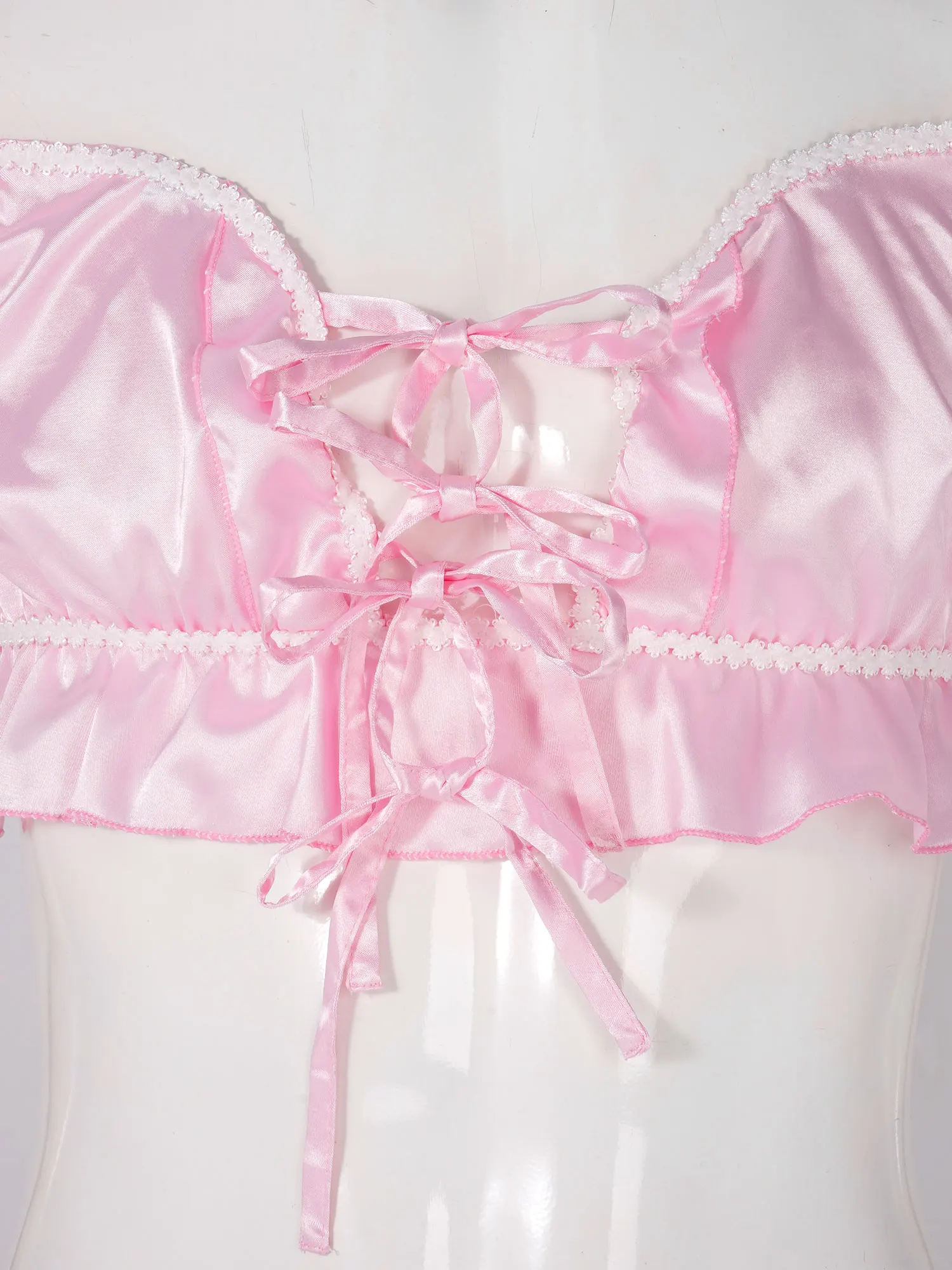 Mens Erotic Sissy Nightwear Satin Lingerie Set Lace-up Front Ruffled Bra Top with Shorts Sexy Underwear Sets