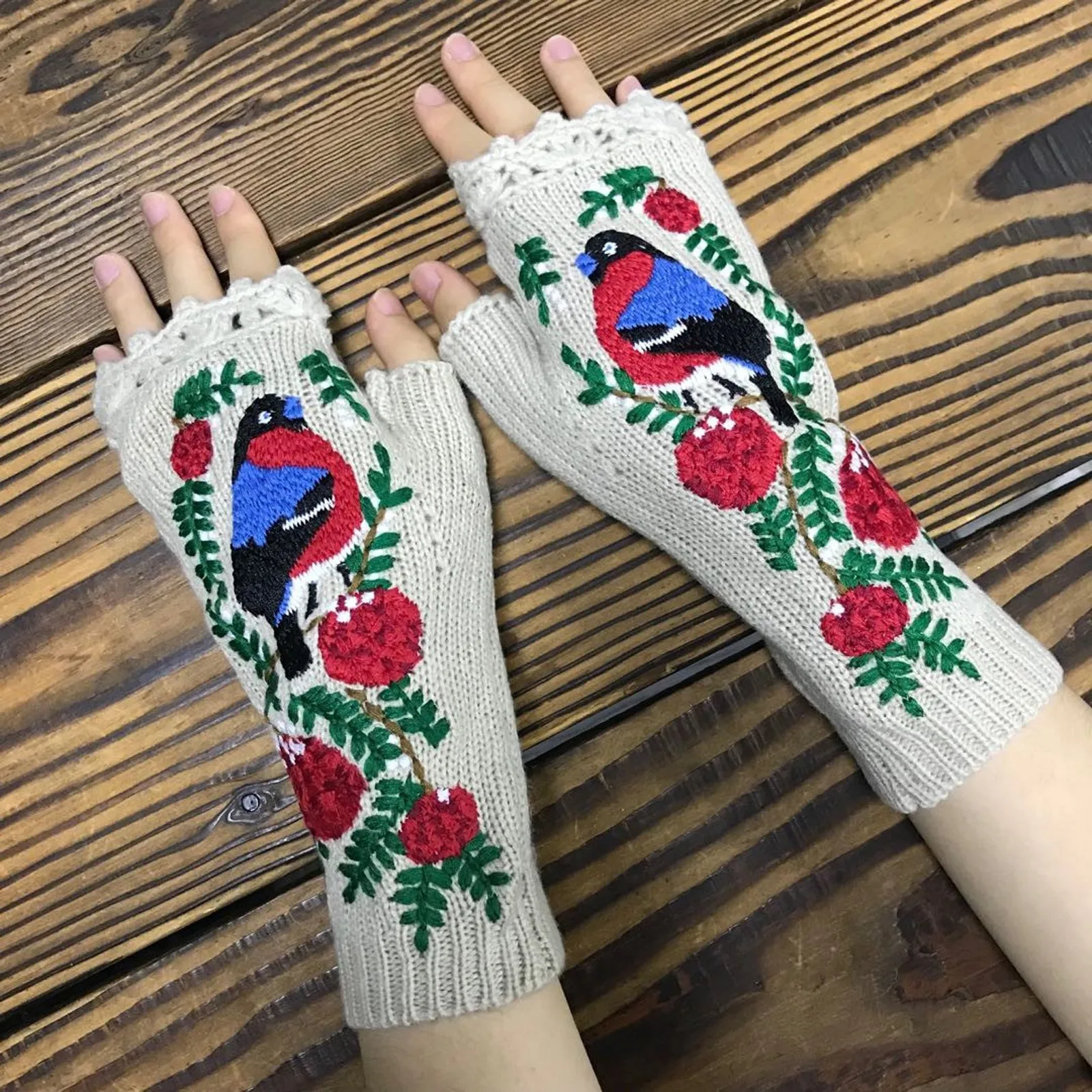 

Женские вязаные перчатки с птицами, без пальцев, бархатные, разных цветов, вышитые перчатки