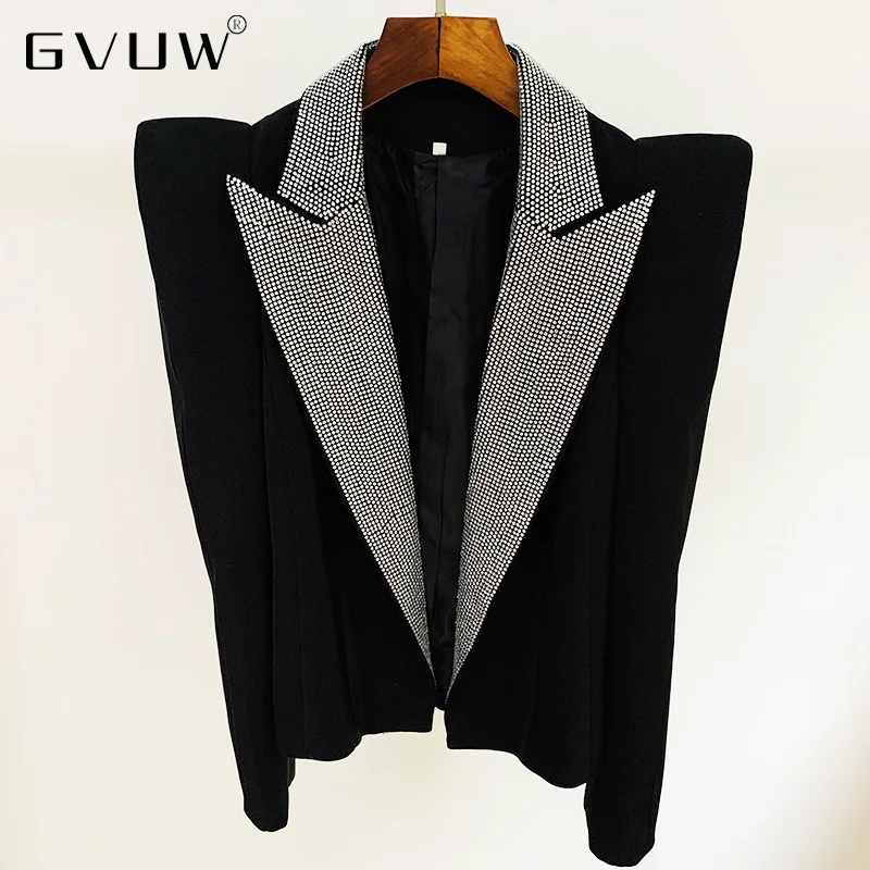 

GVUW 2021 New Star Walk Show Women's Black Jacket Fashion Personality Peak Shoulder Profile Hot Diamond Collar Suit Coat KB7747