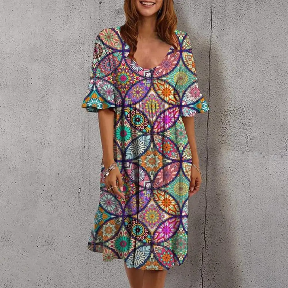

Spring Summer Elegant Ruffle Short Sleeve Dress Fashion Floral Print Loose A-Line Dress Women Casual V-Neck Party Dress Vestidos