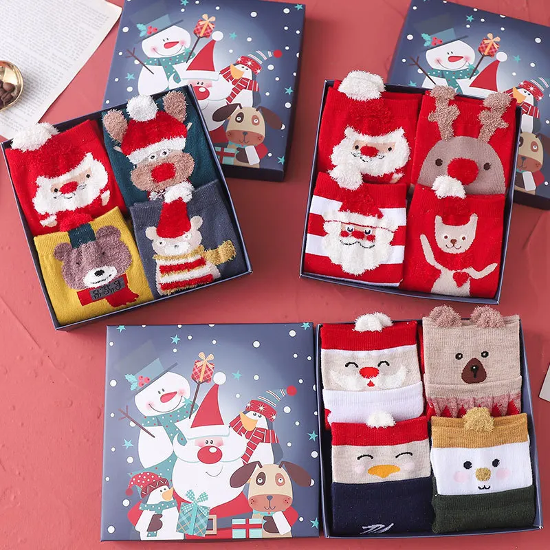 4Pcs Fall Winter Woman Kawaii Animal Cartoon Christmas Middle Tube Socks Harajuku Cotton Slouch New Year Red Novelty Long Socks