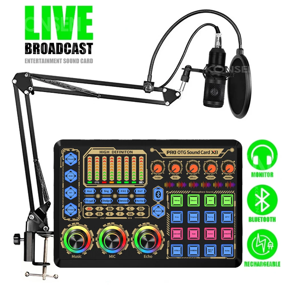 

BM800 Microphone Mixer Webcast Live Show Sound Card Condenser Game BT Audio dj Live Broadcast MIC USB OTG Recording Professional