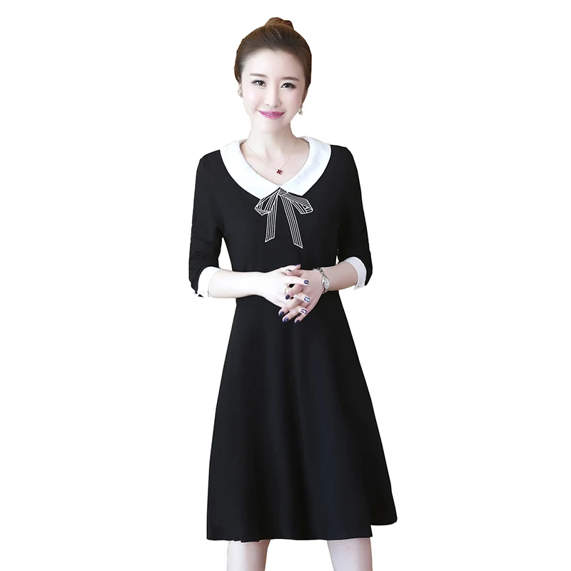 

Autumn Winter Basic Dresses Womens Long Sleeve Elegant Lady Black Peter Pan Collar French Design Dress Plus Size 5XL 4XL A118