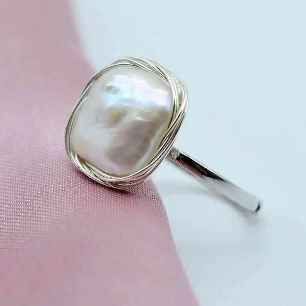 

Women's Rings Natural White Baroque Pearl Ring Handmade Silver Wire Wrap Adjustable Silver Ring Original Design Girls Jewelry