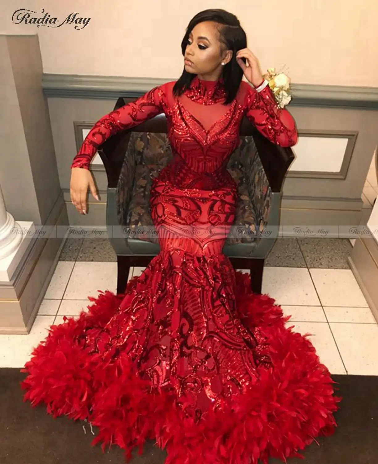 Африканские блестящие красные платья Русалка с блестками для выпускного вечера