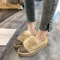 new winter women fur flats luxury warm pearl buckle crystals platform casual shoes slip on flats zapatos de mujer