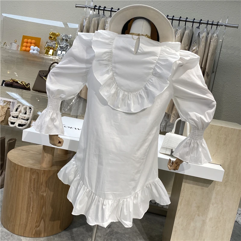 

Brand Original Design 2021 Aging Reduction Design Sense Irregular Flounces Loose Dress Flared Sleeve Shirt Dress