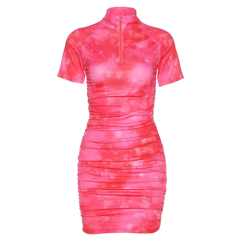 

Zipper Dresses For Women Skinny Elastic Hight Summer Fashion Dress Turtleneck Short Sleeve Streetwear Slim Female