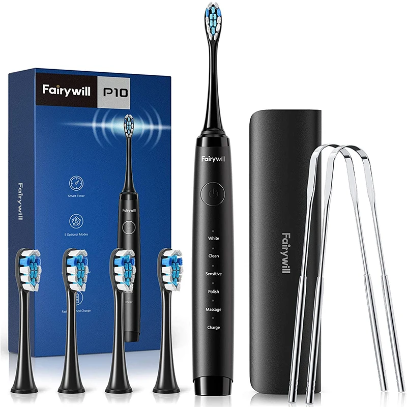 

Fairywill Electric Toothbrush P10 Toothbrush Rechargeable Timer 4 5 Modes Brush Heads 2 Tongue Scraper 1 Travel Case for Adults