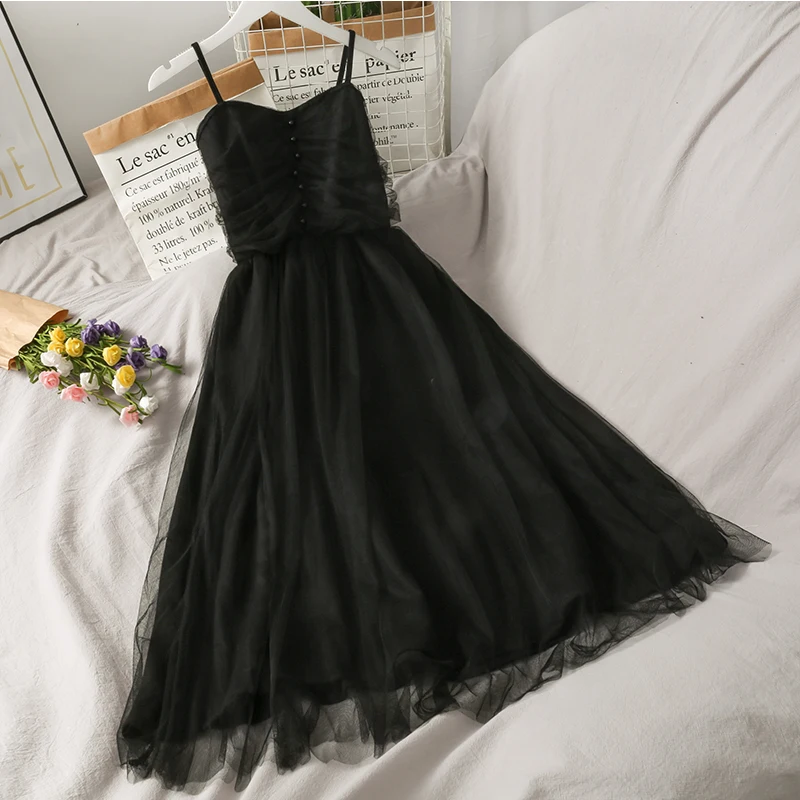 

Sexy Black Party Dress Women Spaghetti Strap Pearls Beading Mesh Dresses 2022 New Spring Summer High Waist Female Vestidos