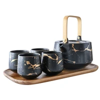 home marbling tea set japanese style black and white ceramic afternoon tea cup with acacia mangium base kettle holder
