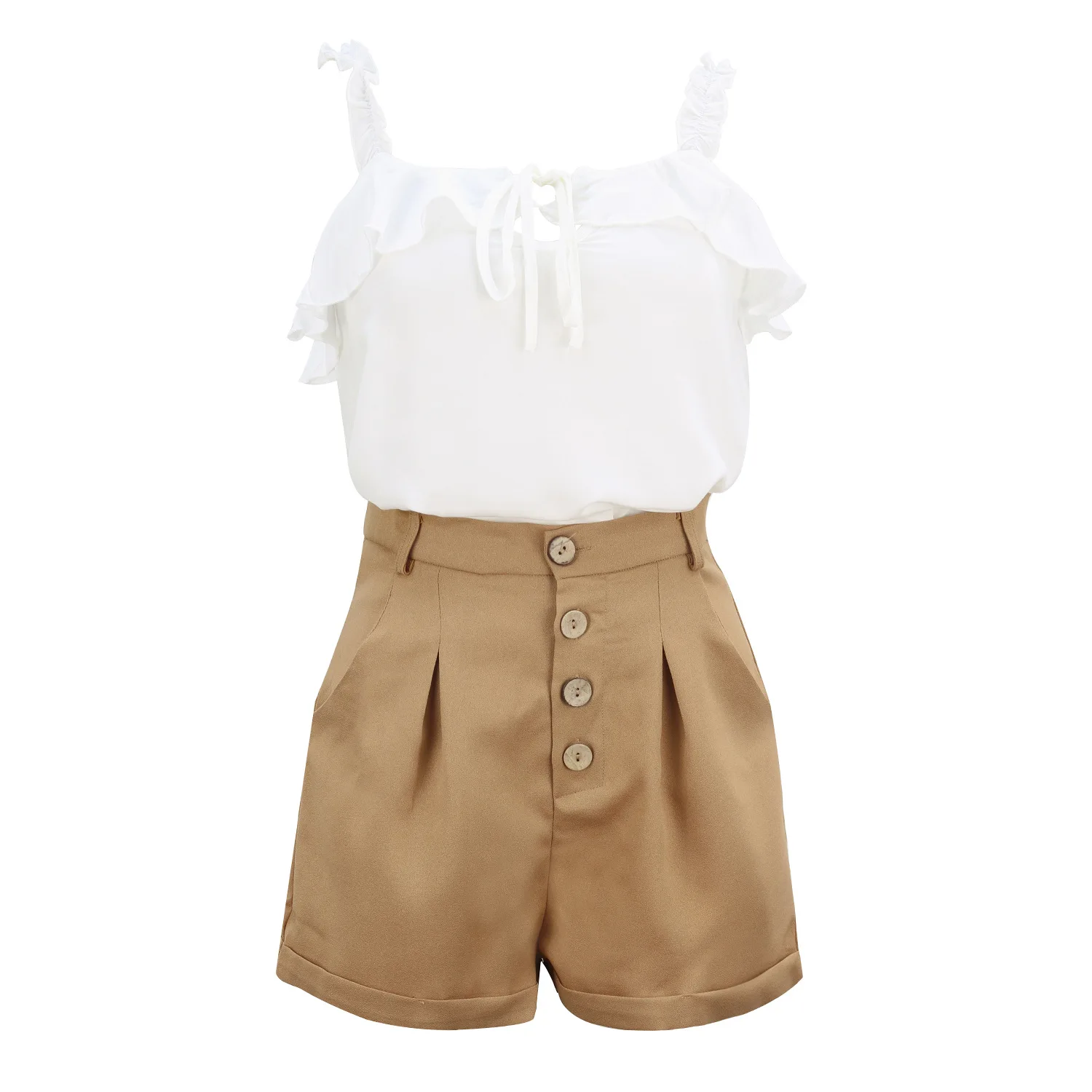 

Donsignet Fashion Women's Suit New Casual Round Neck Pullover Solid Color Button Holiday Style Shorts Two-piece Suit