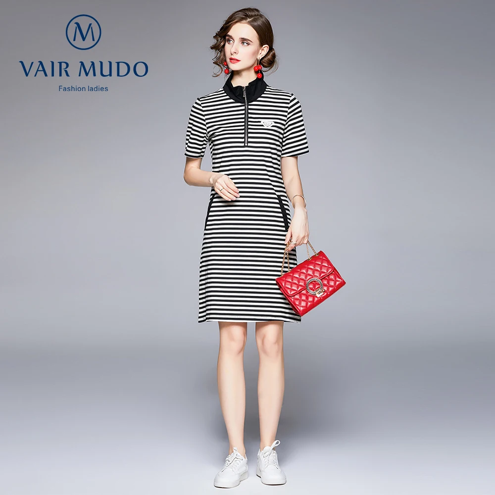 

Dress Women Summer 2021 New Fashion Striped Polo Collar T-Shirt Skirt European Goods Temperament Small Skirt Elegant Y-163