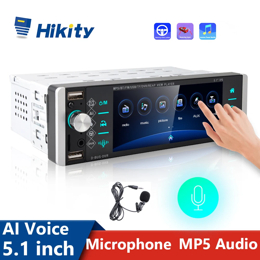Автомагнитола Hikity 1 Din 5 дюйма с голосовым ИИ-интерфейсом MP5 аудио-и видеоплеером RDS