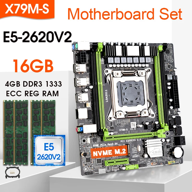 Billig JINGSHA X79 M-S Motherboard Set Mit LGA2011 Combos Xeon E5 2620V2 CPU 4 Stücke X 4GB = 16GB Speicher DDR3 ECC RAM 1333Mhz NVME M.2 Slot