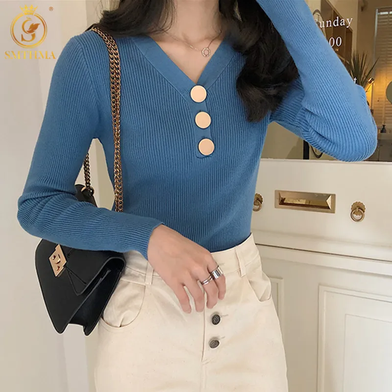 

Свитер женский SMTHMA, с V-образным вырезом, с длинным рукавом