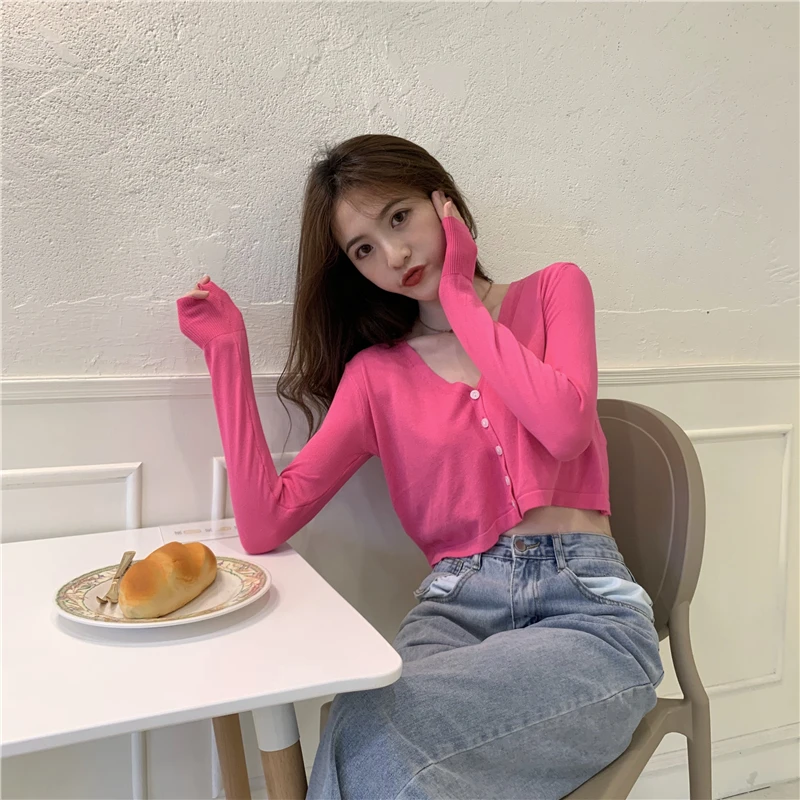 Весенне летний Свободный укороченный вязаный кардиган с V образным вырезом и