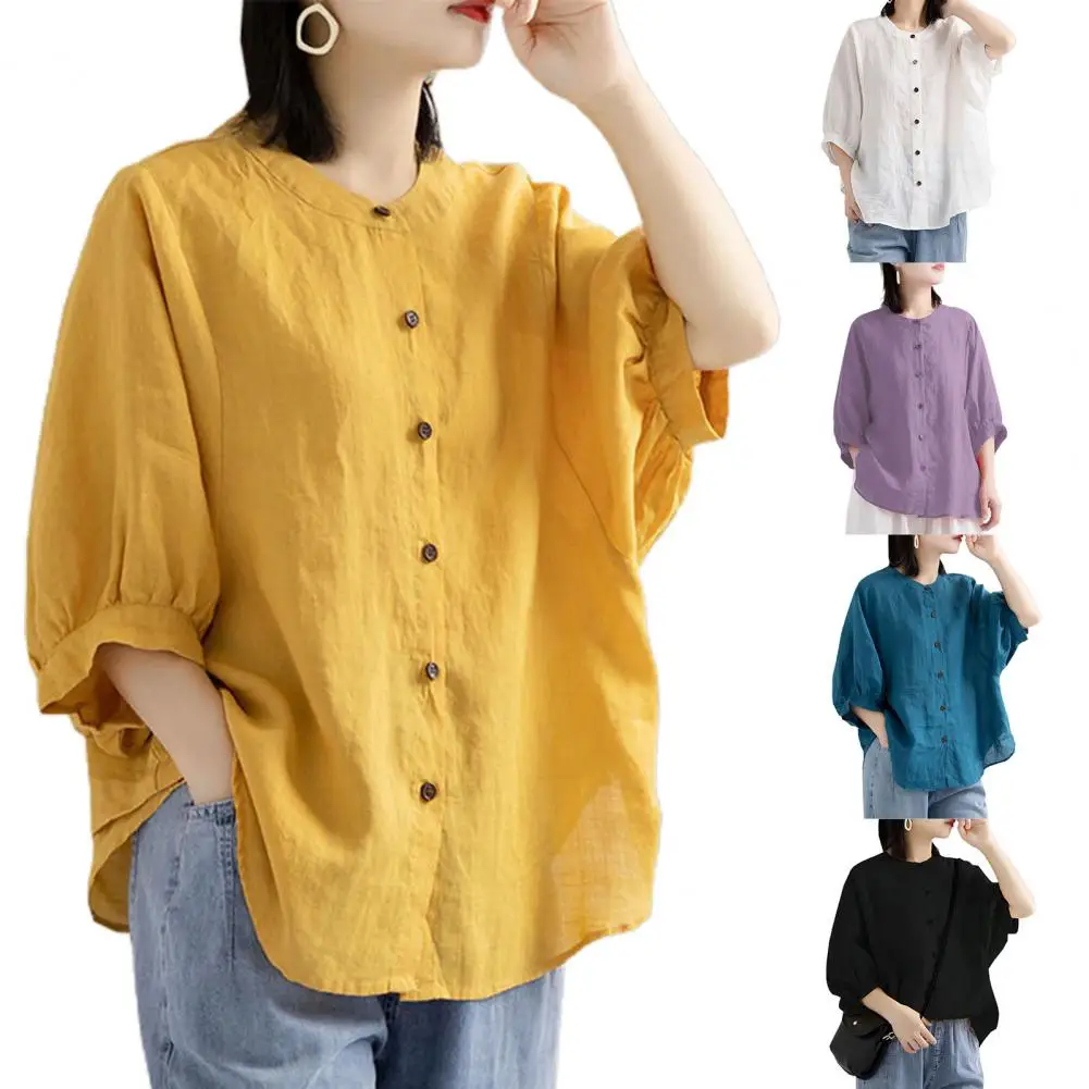 

Shirt Blouse Women Spring Summer Shirt Button Placket Breathable Vintage Ladies Lantern Half Sleeve Blouse for Work Plus Size