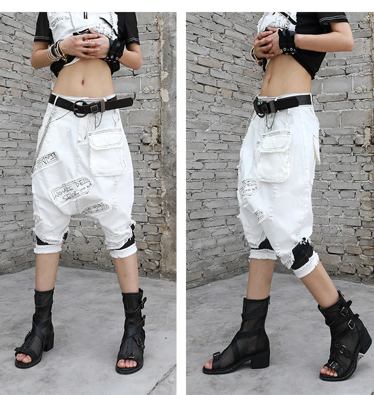 

Vefadisa White Patches Decoration Denim Cross-pants Women 2021 Summer Letter Print Female Pants Casual Calf-Length Pants QYF5862