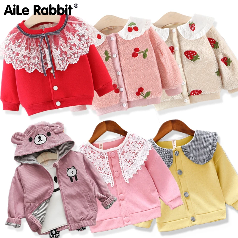 2019 Autumn Winter Girls Baby Clothes Jacket Cartoon Bear Strawberry Cherry Long Sleeve Plus Velvet Thick Warm Children's Coat | Детская