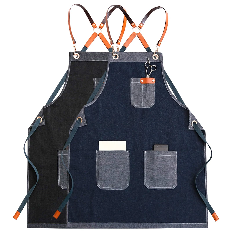 

Patchwork Denim Cooking Baking Pocket Coffee Pinafore Cafe Shop House Cleaning Bibs Canvas Master Apron For Kitchen Accessories
