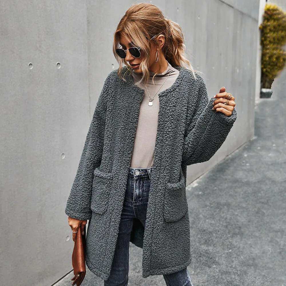 

Women Vintage Thick Fluffy Fur Coat Plush Solid Pockets Warm Sweater Coat Long Sleeve O Neck Casual Coat Winter Fashion Coat