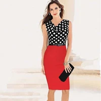 summer slim dots office lady patchwork dress 2020 knee length v neck sexy chic pencil dress for business woman no belt
