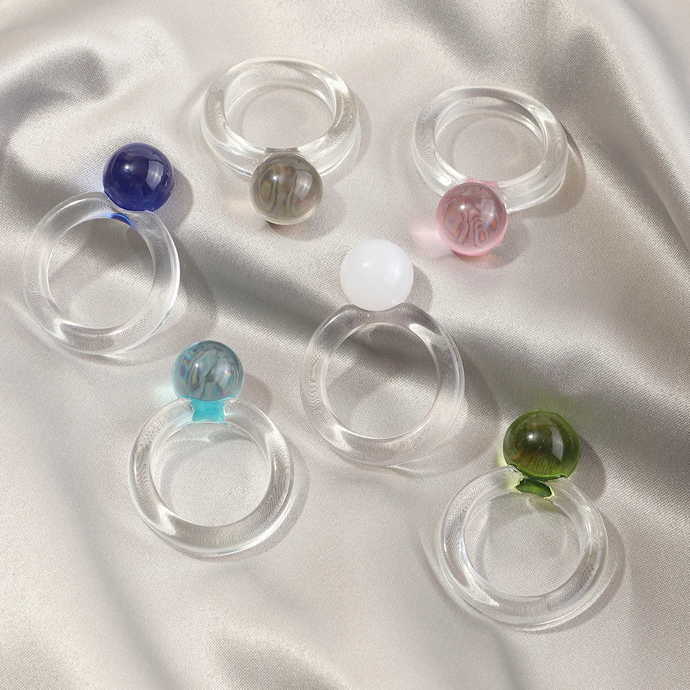Модные прозрачные круглые кольца из смолы с цветным шариком для женщин и девушек