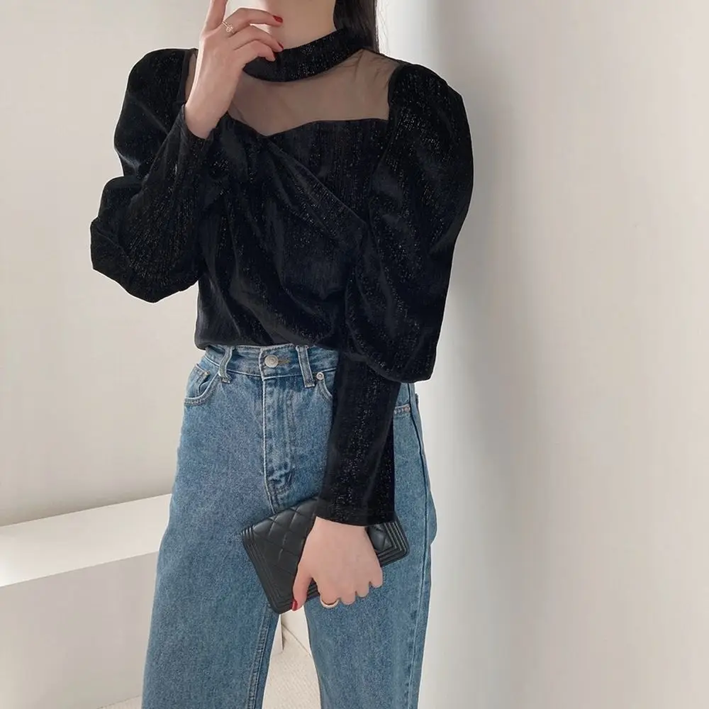 

HziriP Elegance Puff Sleeves Patchwork 2021 Women Slim Gentle New Mesh Work Wear Stylish Brief Hot Office Lady Basic Shirts