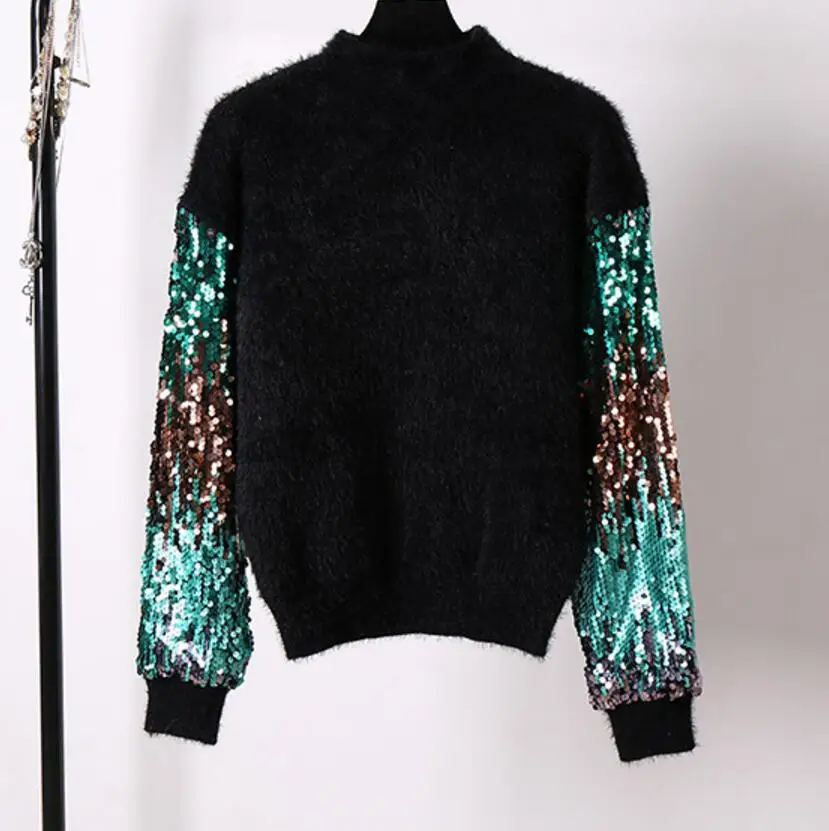 2021 Womens Long Sleeve Mohair Sweater Rabbit Hair Glitter Patchwork Thick Knitting Autumn Winter Warm Pullover Black | Женская одежда