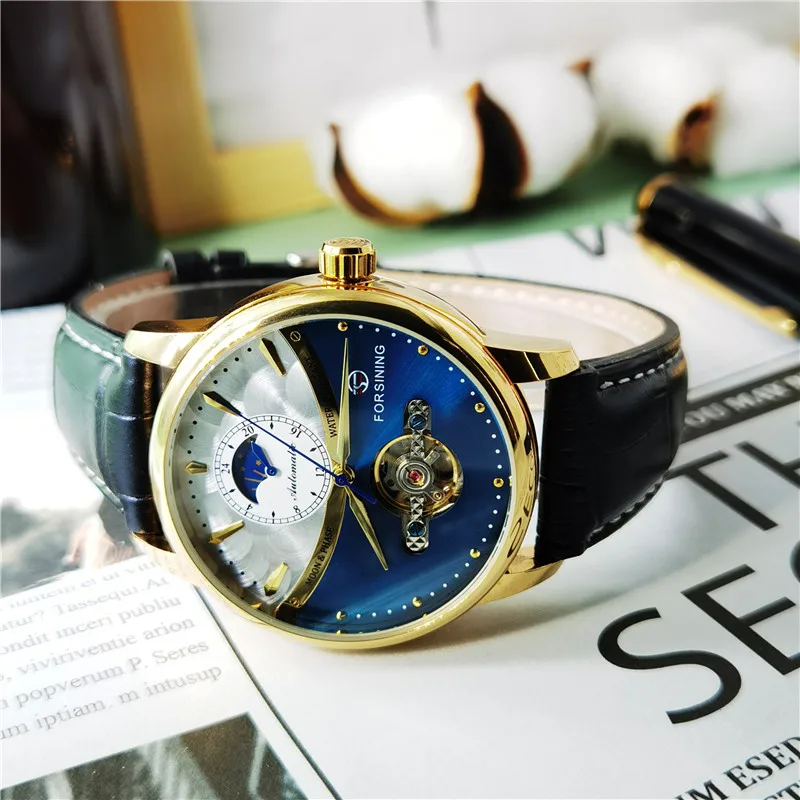 Forsining 2020 тёмно синие мужские механические часы золотой чехол фаза Луны Tourbillon