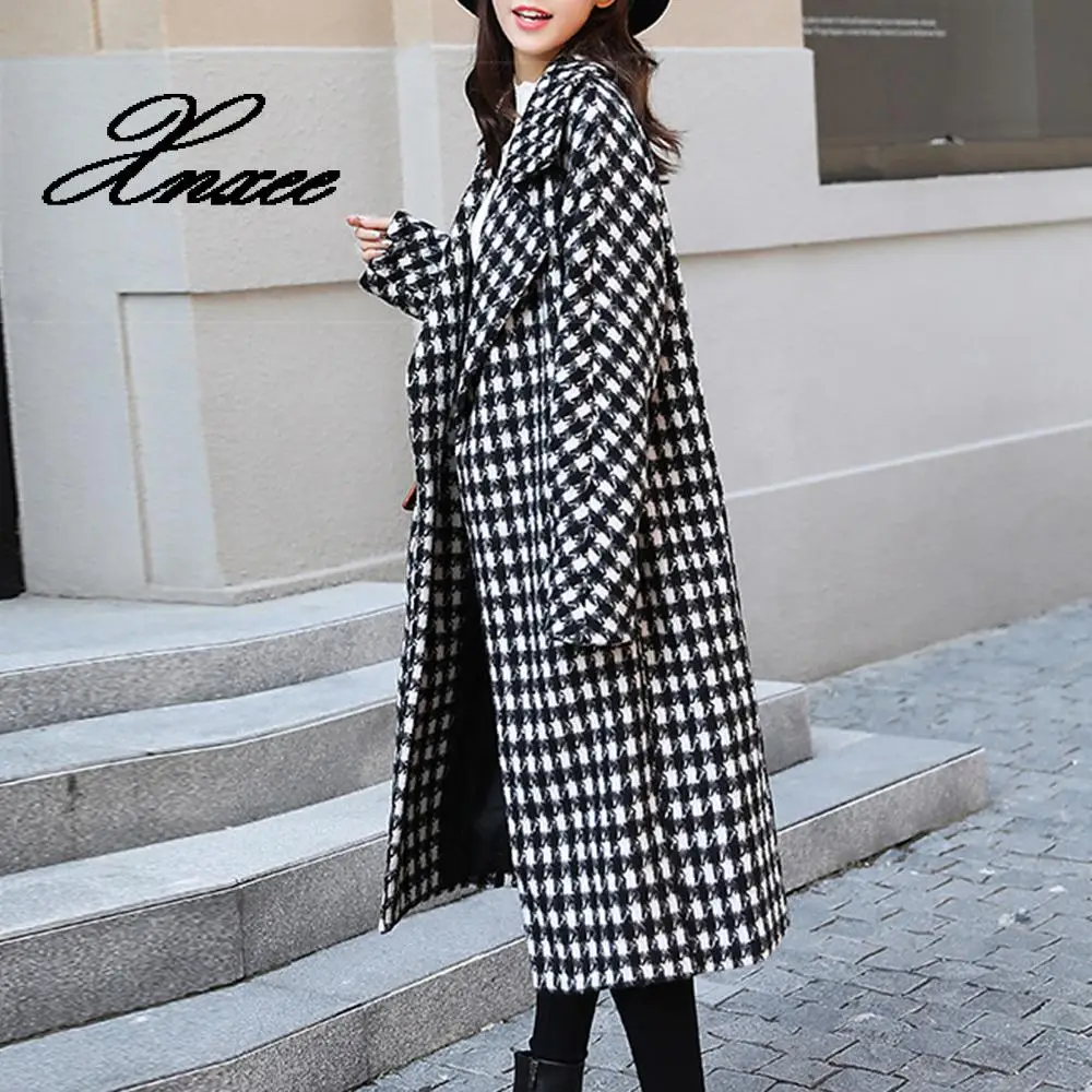 Женское длинное пальто с длинным рукавом осенне зимнее шерстяное из твида