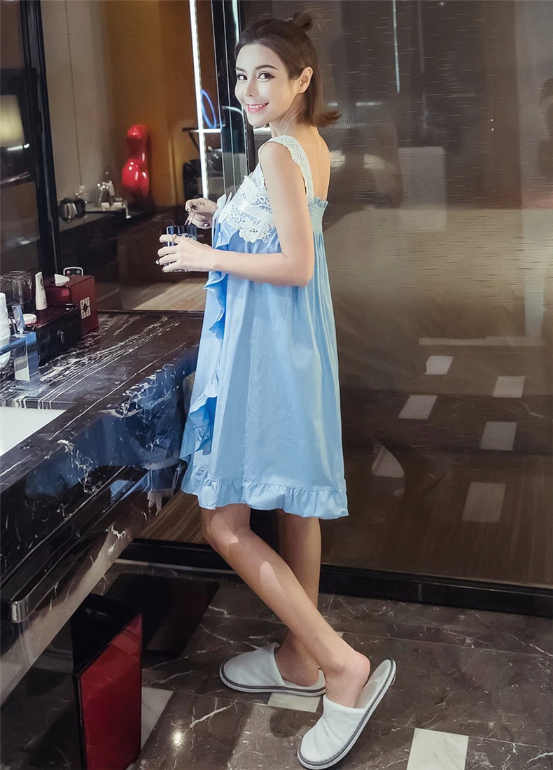 2022 Princess Cotton lace Nightgown Female Lovely Home Sleepwear Sky Blue/Write Sexy Sleeveless Sleepshirt Nightdress AB105 | Женская
