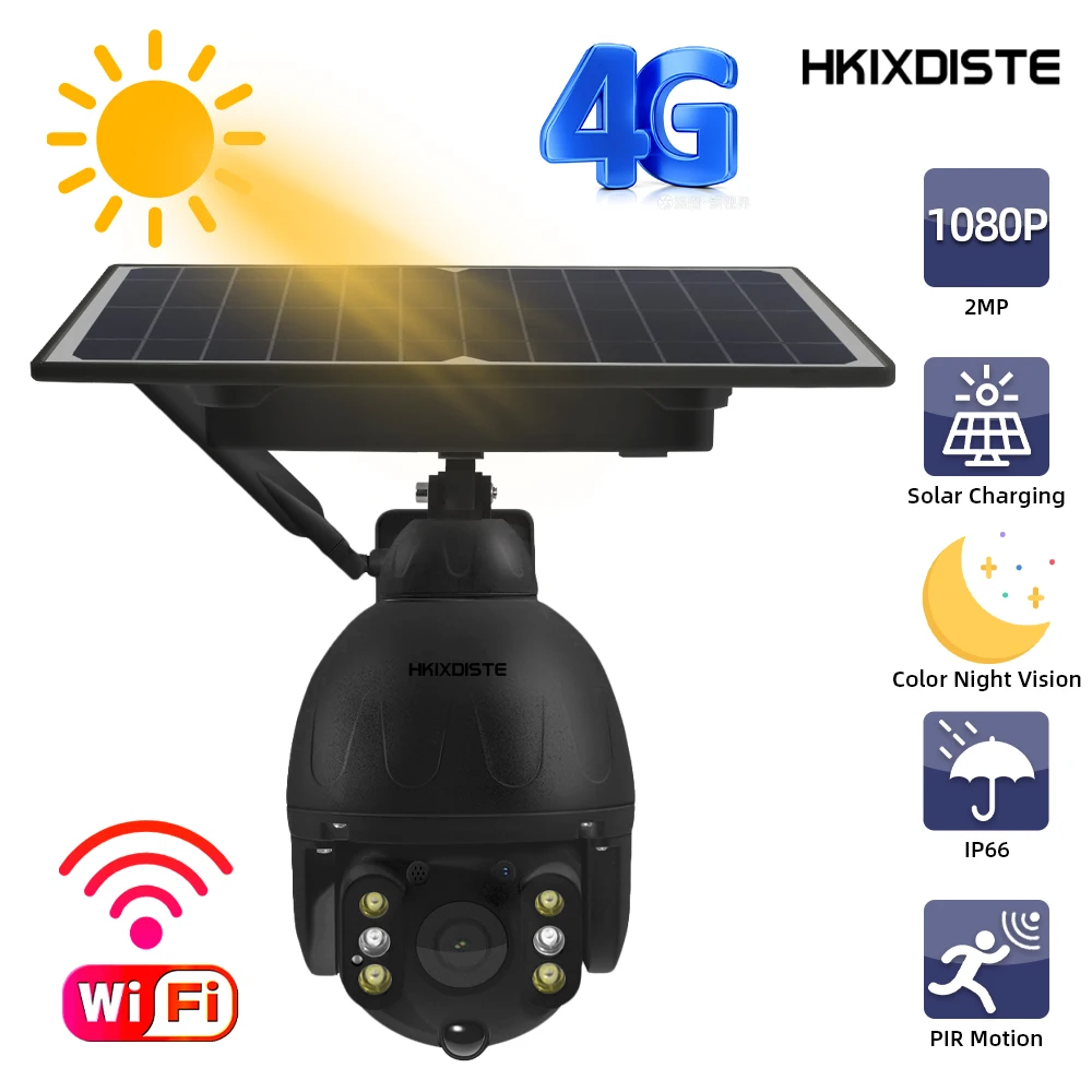 

1080P Wifi Solar CCTV Camera with 4G Sim Card Outdoor Street Color Night Vision Wireless PTZ IP Security Surveillance Camera 2MP