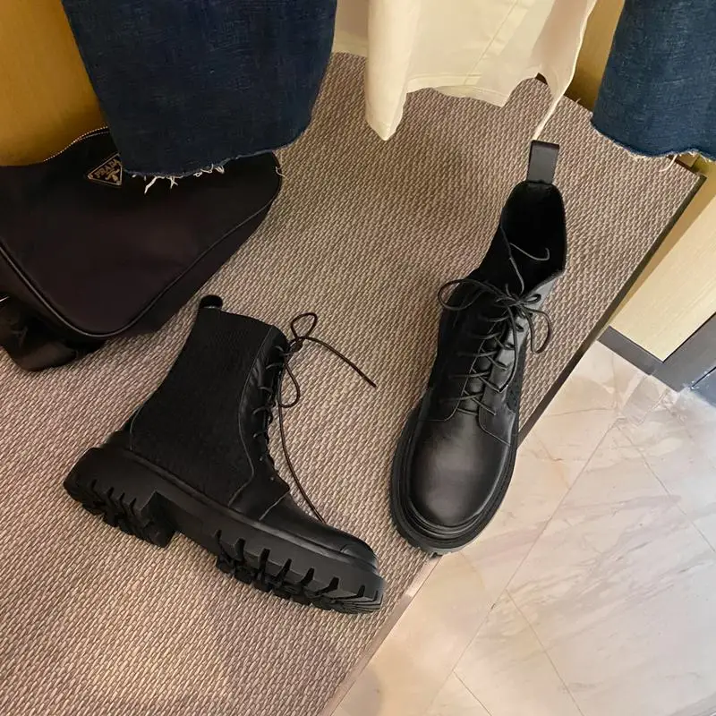 Online Sepatu Bot Chelsea Ujung Bulat Kulit Sapi Panci Krazing Tambalan Berenda Sepatu Bot Pergelangan Kaki Melar Musim Dingin Hak Sedang Eropa Penyanyi Rock Kerja L67