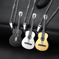 fashion stainless steel guitar pendant necklace for men couple musical instrument long chain choker party hiphop rock jewelry