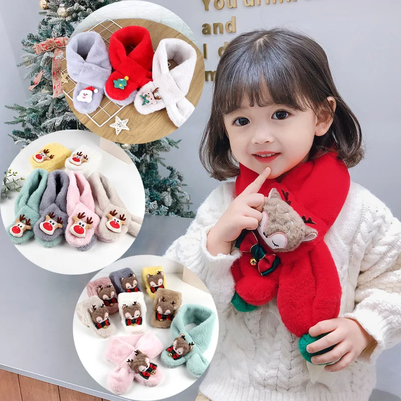 Winter Warm Thicken Scarfs for Children Kids Cute Cartoon Bear Faux Rabbit Fur Cross Collar Soft Scarf Baby Boy Girl Plush Gift