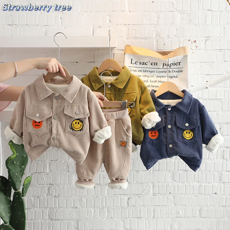 

Baby Boys Plus Velvet Corduroy Kids Clothes Sets Thick Warm Cargo Jackets+pants Clothes Outfits Fashion Toddler Kids Outerwear
