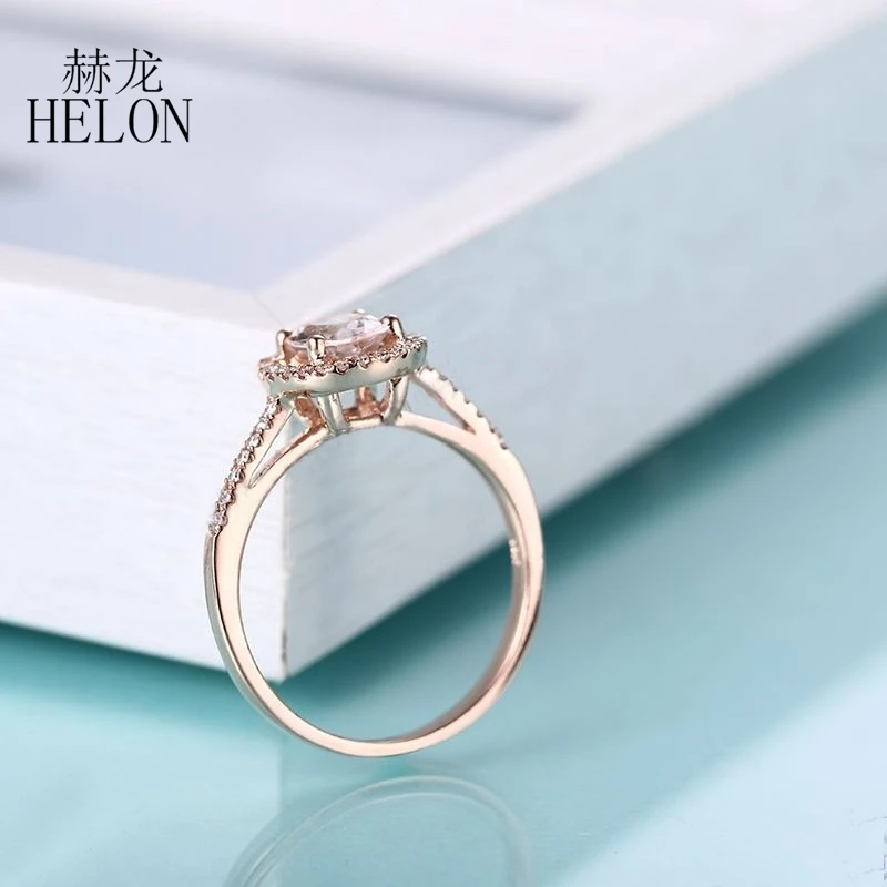 HELON Solid 10K Rose Gold Flawless Oval 7x5mm Natural Morganite Diamond Ring Women Wedding &amp Anniversary Band Fine Jewelry Gift |