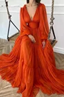 Платье для выпускного вечера с длинным пышным рукавом, оранжевые шифоновые вечерние платья, красивое платье для конкурса, индивидуальный пошив