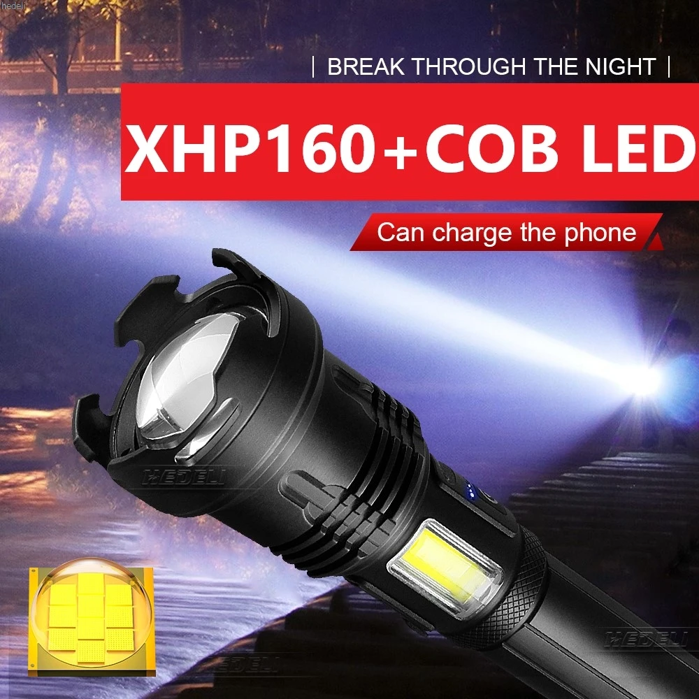 

Новинка 2021, светодиодный фонарик HEDELI XHP160 + COB, перезаряжаемый от USB фонарь онарик, тактические фонарики 18650 или 26650, XHP100, XHP90, XHP70