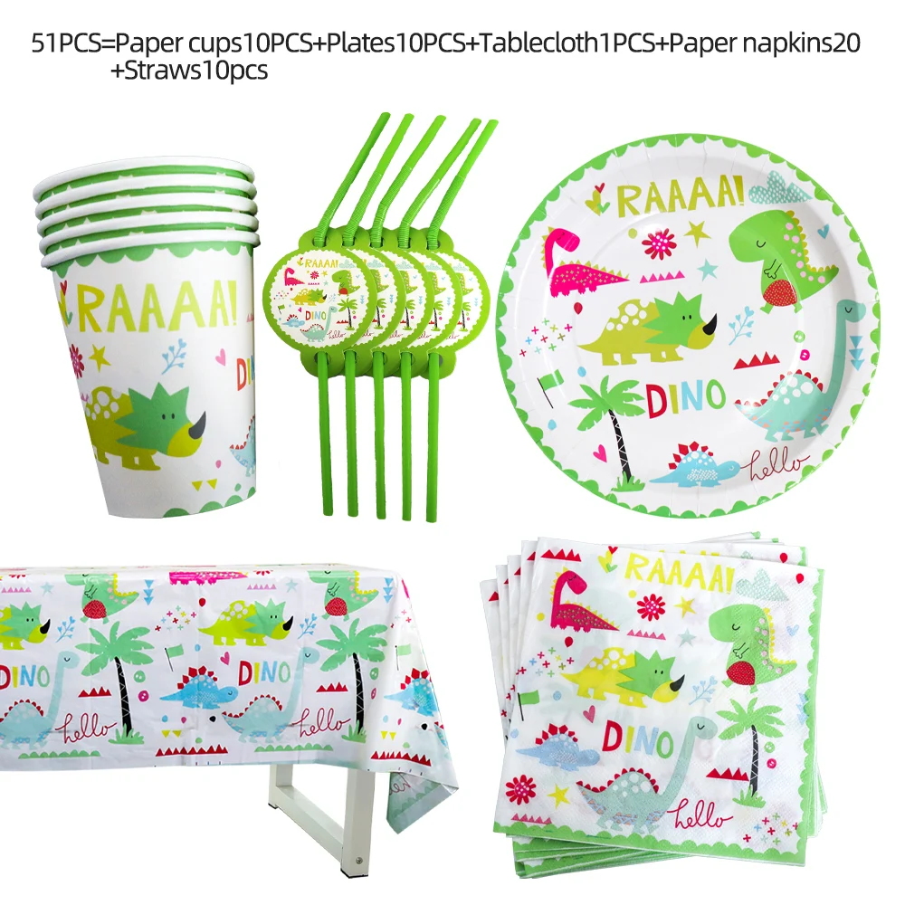 

51/81 Pcs Dinosaurs Disposable Tableware Birthday Green Dino Theme Children's Party Decoration Jungle Party Theme Baby Show