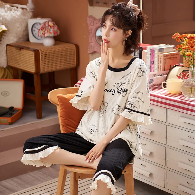 

Летний пижамный комплект для женщин, милая Корейская Пижама с расклешенными рукавами, повседневная хлопковая Домашняя одежда, милая мультя...