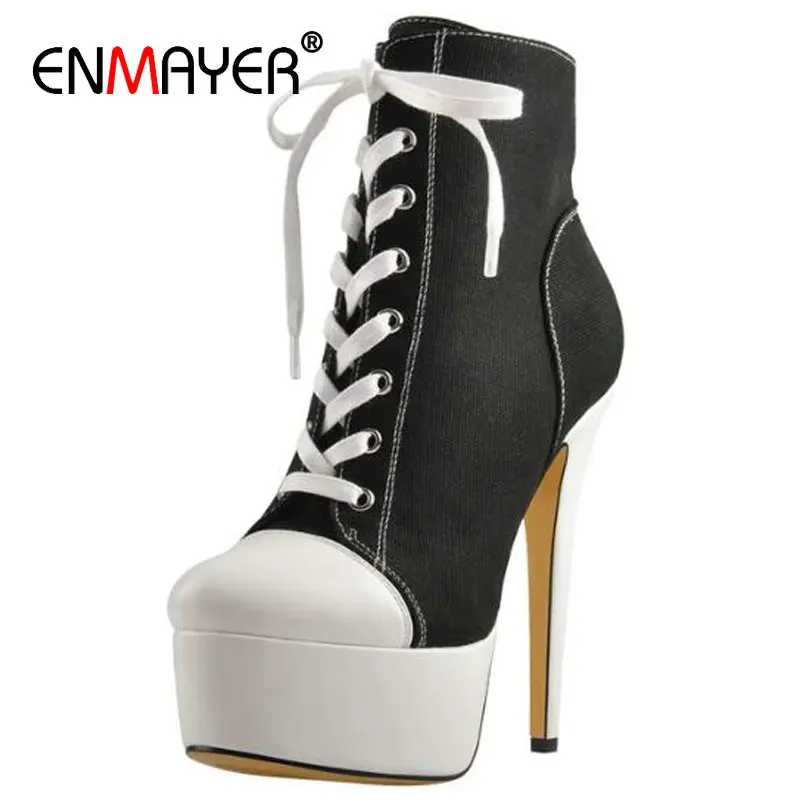 

ENMAYER/пикантные женские туфли из парусины на очень высоком каблуке со шнуровкой демисезонные повседневные туфли-лодочки на платформе с круг...