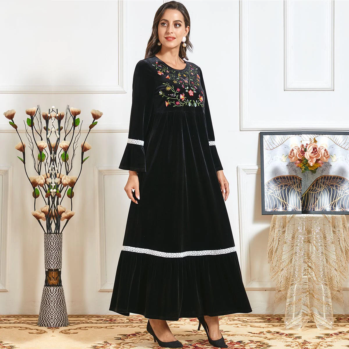 

Elegant Winter Velvet Muslim Dress Women Moroccan Kaftan Kimono Jubah Long Robe Abaya Islamic Clothing Turkey Hijab Arabic Dress
