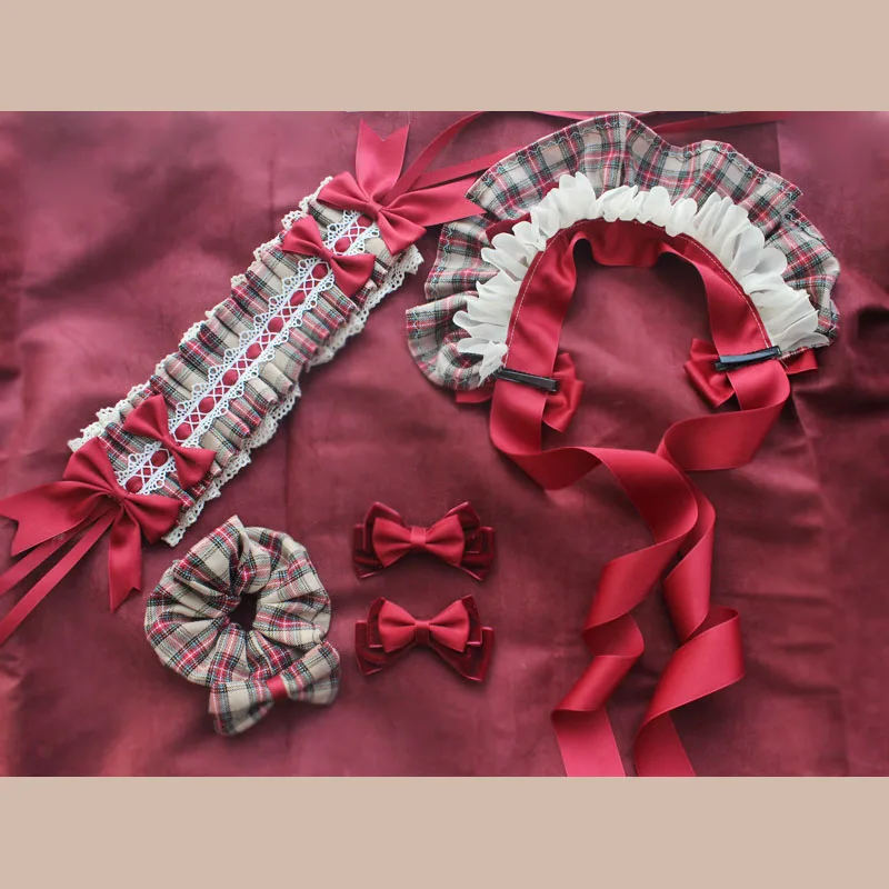 

Origional Hand Made Lolita Little RED Riding Hood Accessories Matte Wine RED Plaid Hair Band Velvet Side Clip Necklace