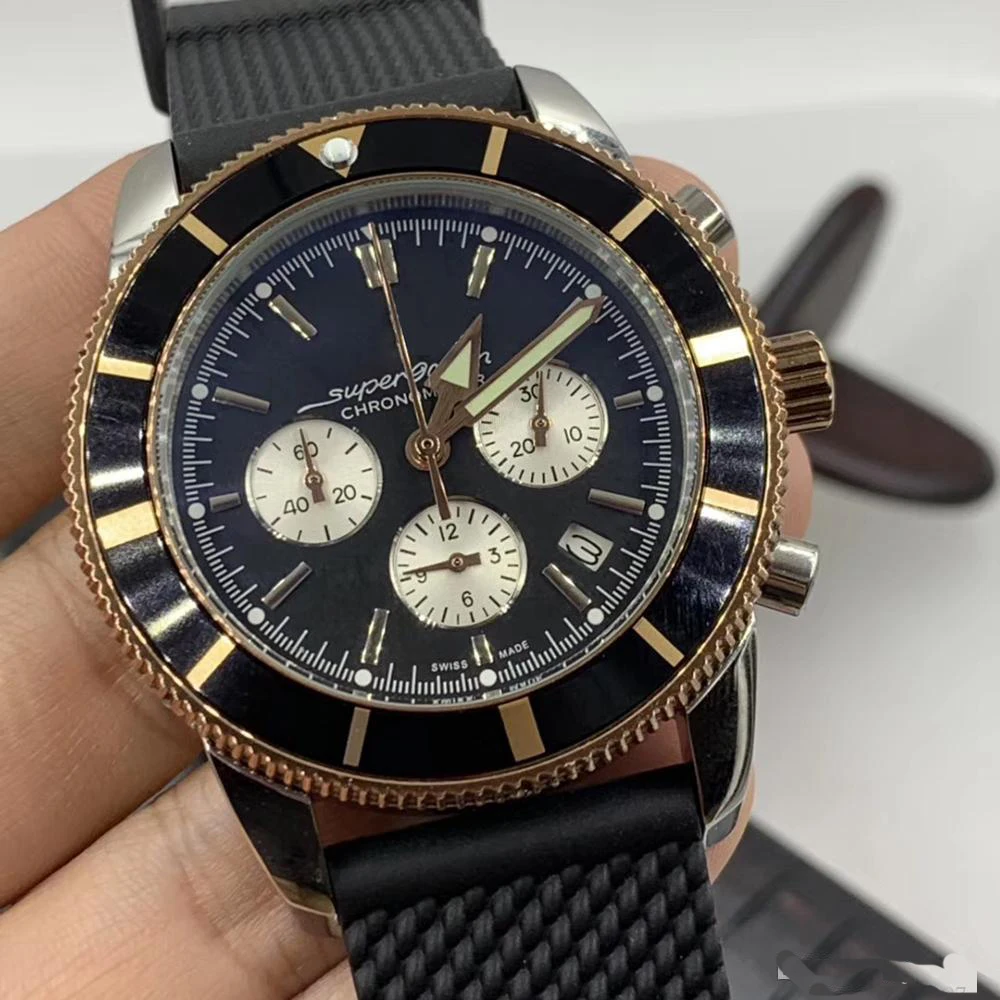 

46MM Super-Ocean Luminous Mens Watches Quartz Chronograph Chronometer Silver Rose Gold Watch Stainless Steel Black Ceramic Bezel