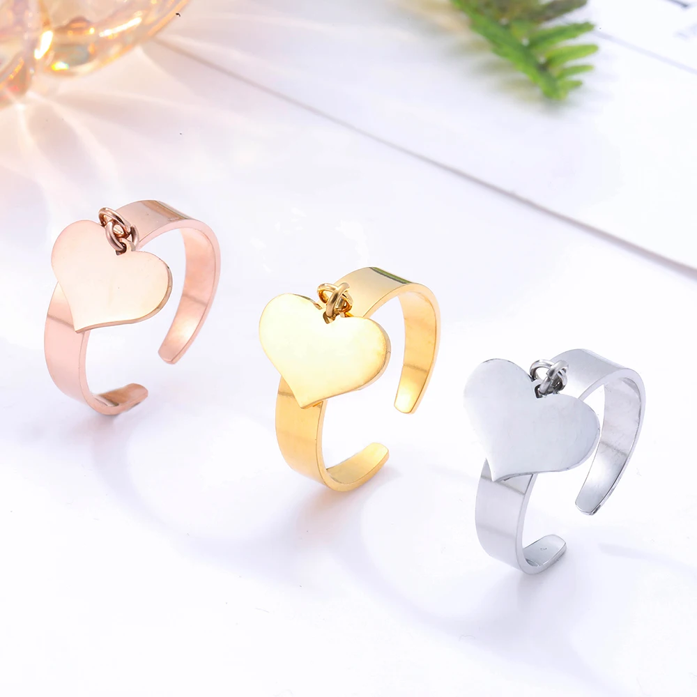

Adjustable Stainless Steel Heart Charms Ring Gold Color Open Ring For Women Fashion mujer Joyas Finger Gift Dropshipping