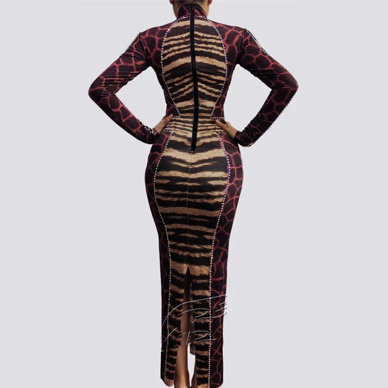 

Women Print Stretch Slim Dress Stage Dress Birthday Stage Evening Bar Singer Transparent Outfit Pole Dance Dresses XS1149